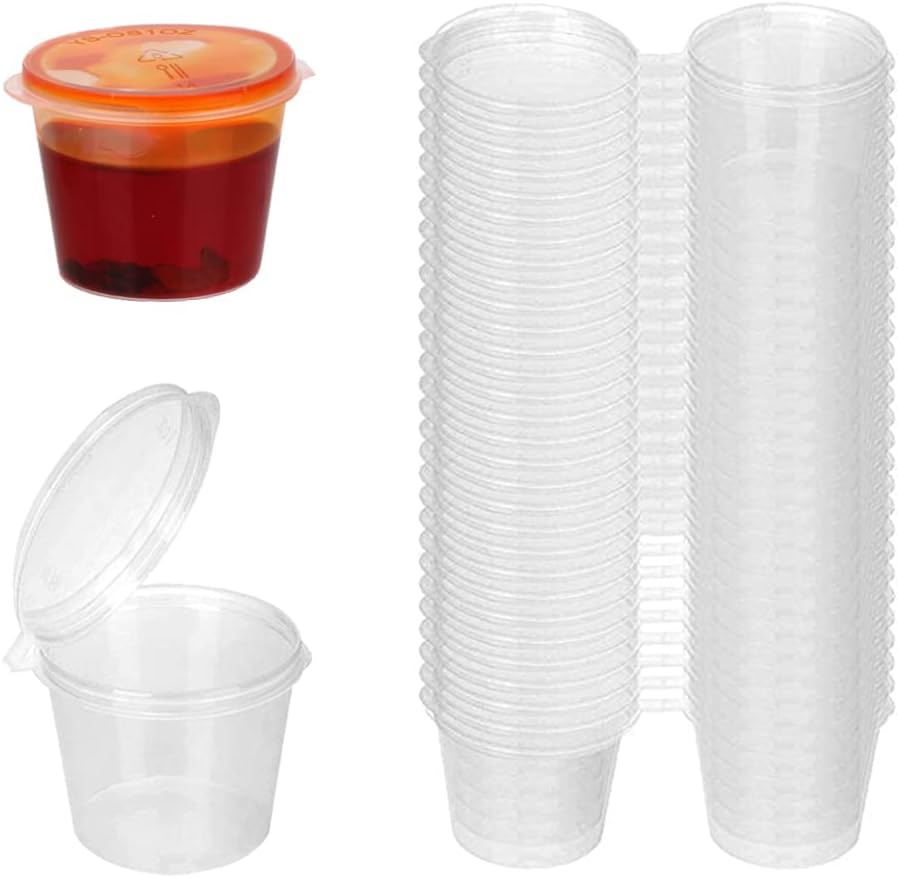 Meal Prep Jar - 使い捨て透明プラスチックソースカップ 蓋付き 50/100個入り ミニフード容器 チャタニ、チリソース、ゼリーショット、ポーションカップ用